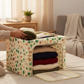 Foldable Leaf Printed Cloth Storage Organizer Box 66 L- Beige