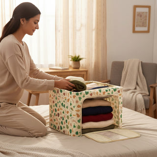 Foldable Leaf Printed Cloth Storage Organizer Box 66 L- Beige