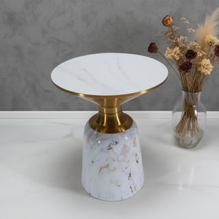 Castor Small Side With Marble Top And Metal Base - White With Gold