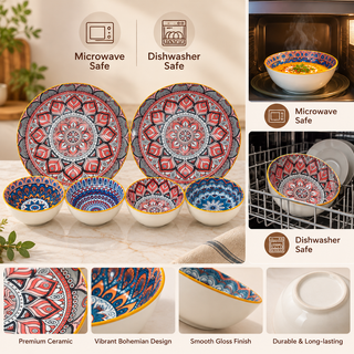 Ceramic Plates & Bowl Set Glossy Mandala Microwave & Dishwasher Safe