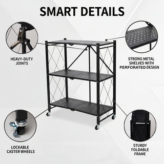 3 Tier Folding Metal Storage Trolley With Wheels