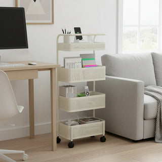 Beige rolling cart in a living room with a desk and sofa