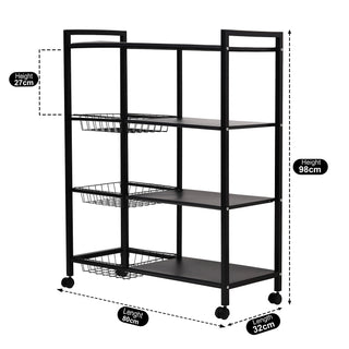 4-Tier Metal Storage Rack With Lockable Wheels - Black