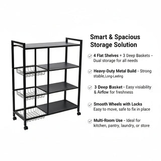 4-Tier Metal Storage Rack With Lockable Wheels - Black