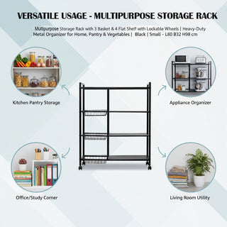 4-Tier Metal Storage Rack With Lockable Wheels - Black