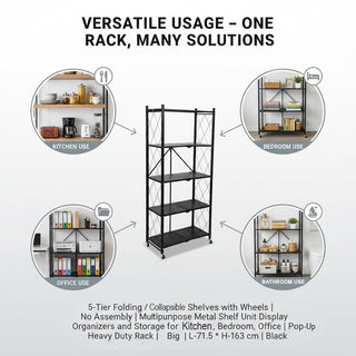 5-Tier Folding Metal Shelf Trolley - Black