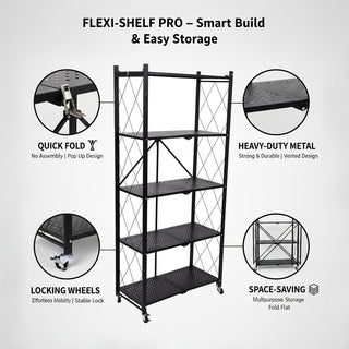 5-Tier Folding Metal Shelf Trolley - Black