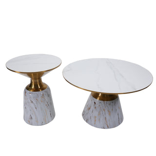 Castor Big Table With Marble Top And Metal Base - White With Gold