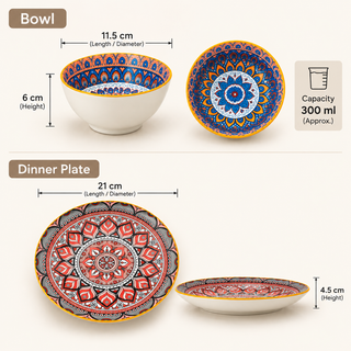 Ceramic Plates & Bowl Set Glossy Mandala Microwave & Dishwasher Safe