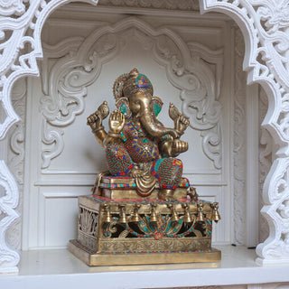 Lord Ganesha color stone sitting on bell stagec Idol made of Pure Brass - 15 x 10 x 21 Inch, 24 Kg