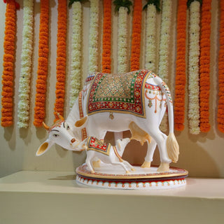 Lord Kamdhenu Standing with Calf Made of Soft marble - 14 x 7 x 11 Inch, 7 Kg
