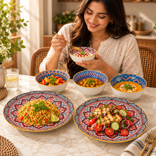 Ceramic Plates & Bowl Set Glossy Mandala Microwave & Dishwasher Safe