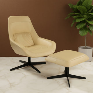 Olivia Leather Lounge Armchair Chair with Ottoman Footrest - Beige