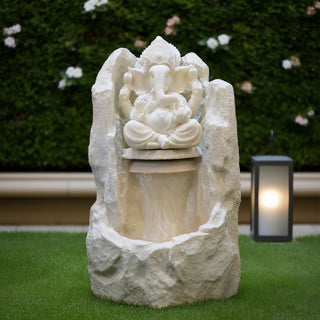 White Ganesha with Water Curtain Fountain